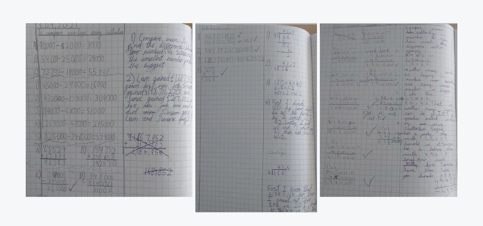 Three pages showing hand written maths journaling