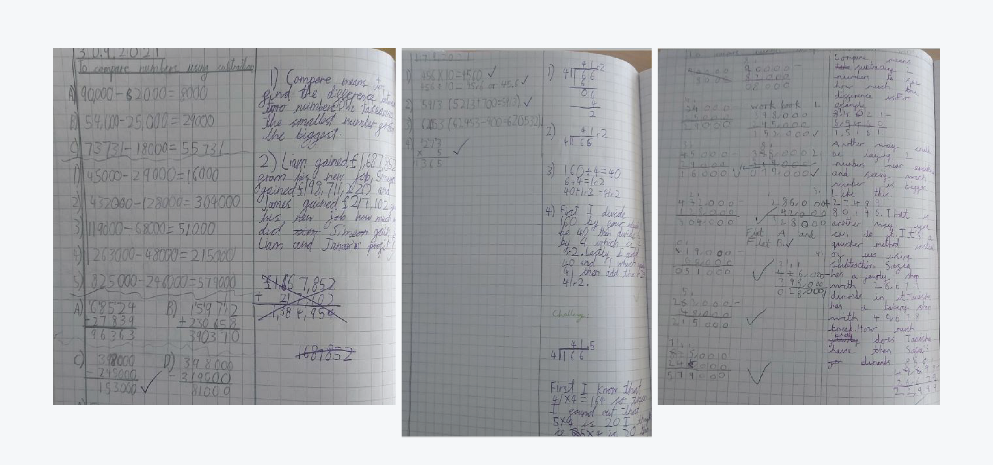 Three pages showing hand written maths journaling