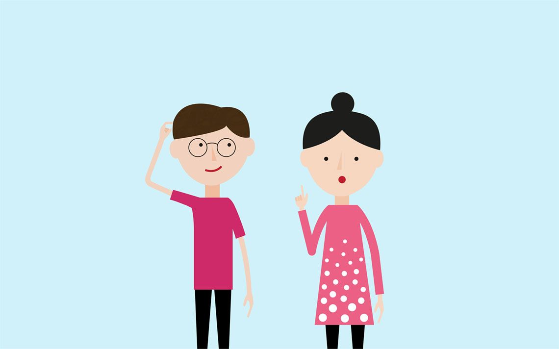 one student looking standing scratching his head, and another student looking like she has a question to ask