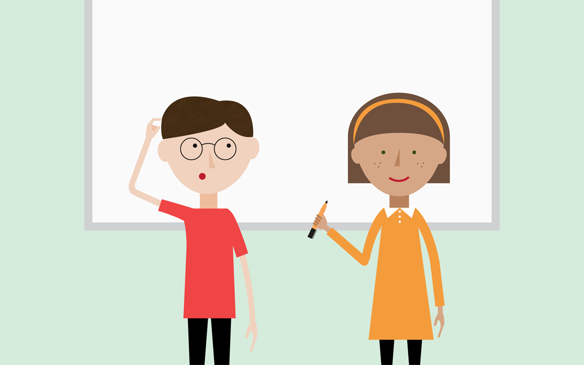 two pupils in front of a whiteboard collaborating