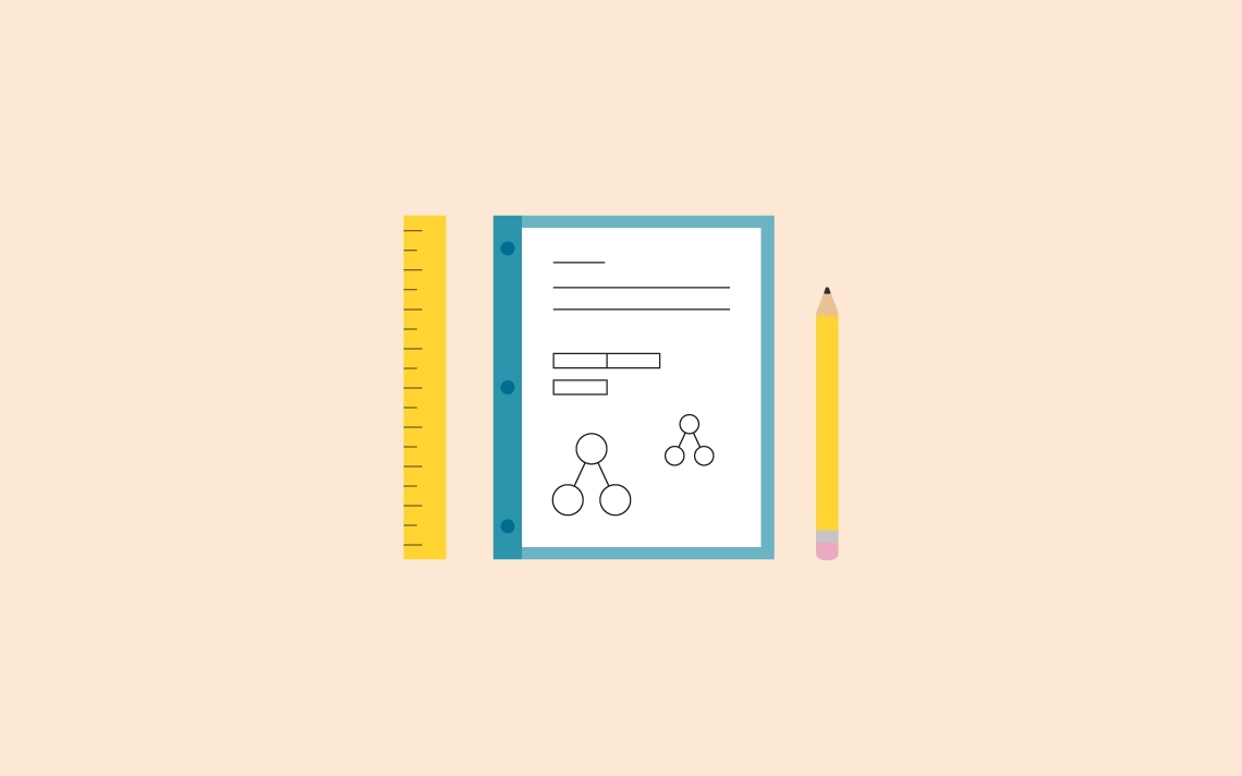 illustration of a ruler, a maths workbook and a pencil