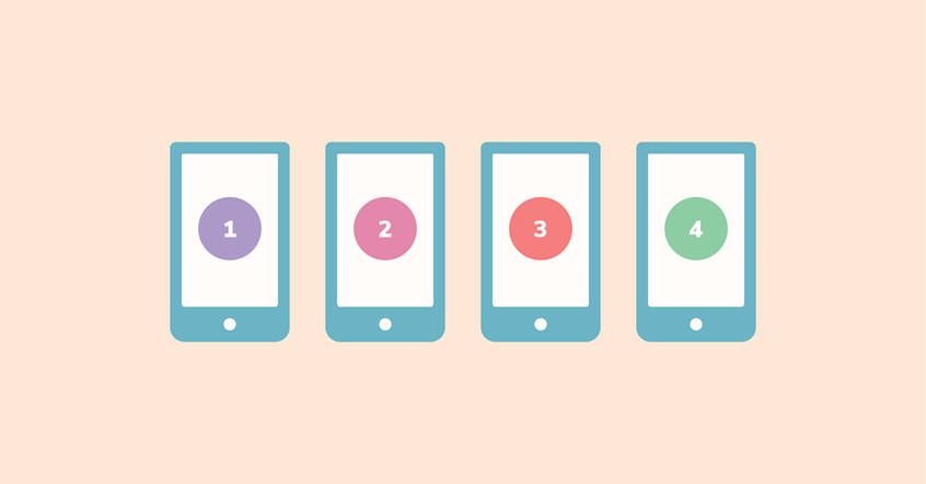 4 smartphones with circles on the screens, each numbered in order from 1 to 4