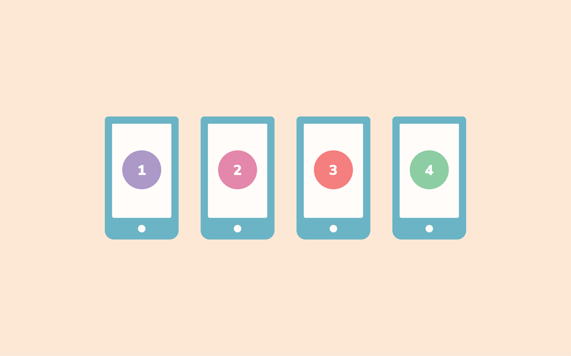 4 smartphones with circles on the screens, each numbered in order from 1 to 4