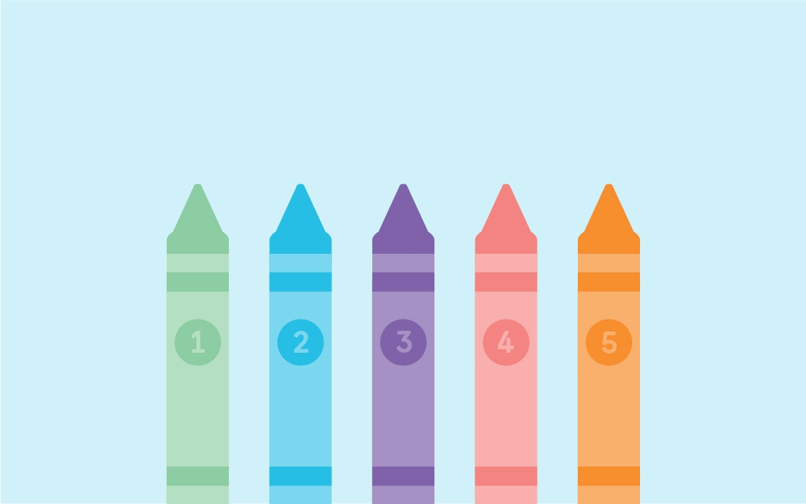 coloured crayons, green, blue, purple, pink, and orange numbered from one to five