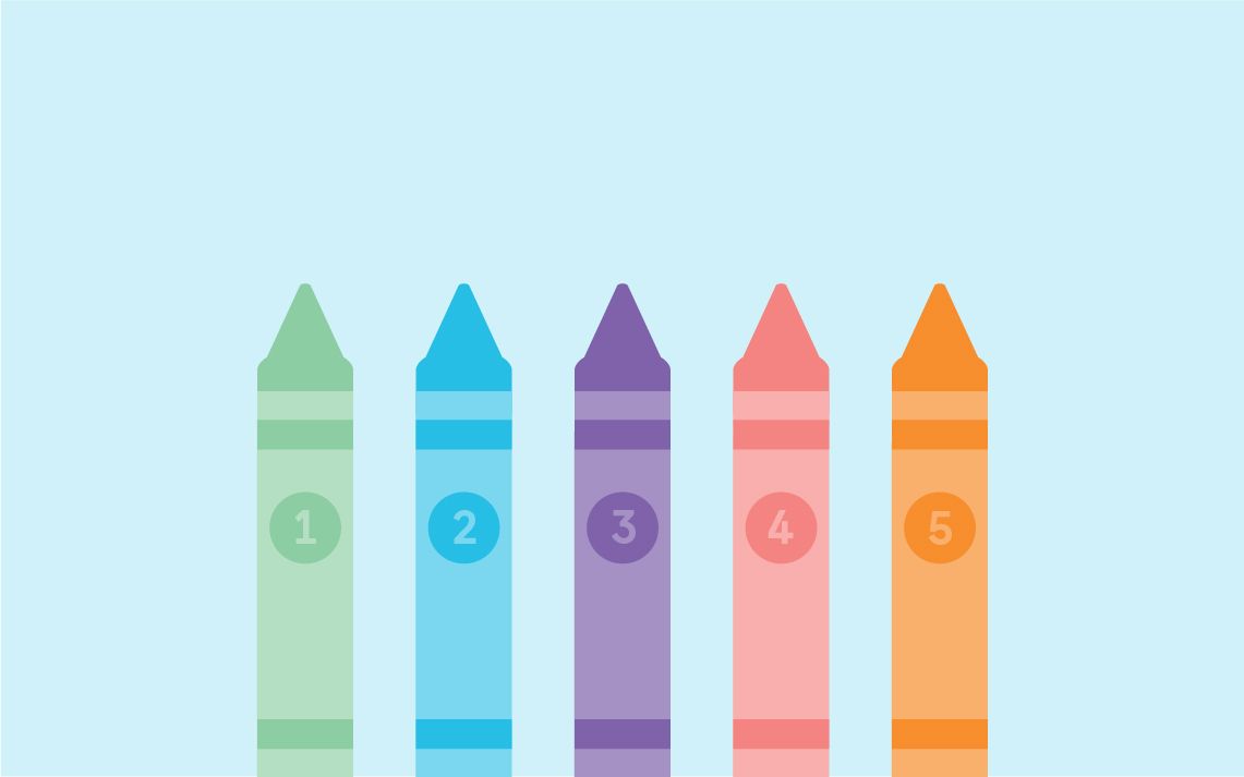 coloured crayons, green, blue, purple, pink, and orange numbered from one to five