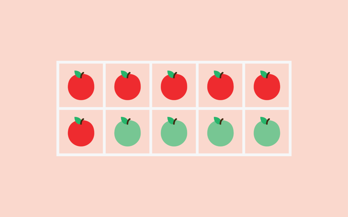 5 by 2 grid showing a top row of 5 red apples, and a second row of one red apple and 4 green apples