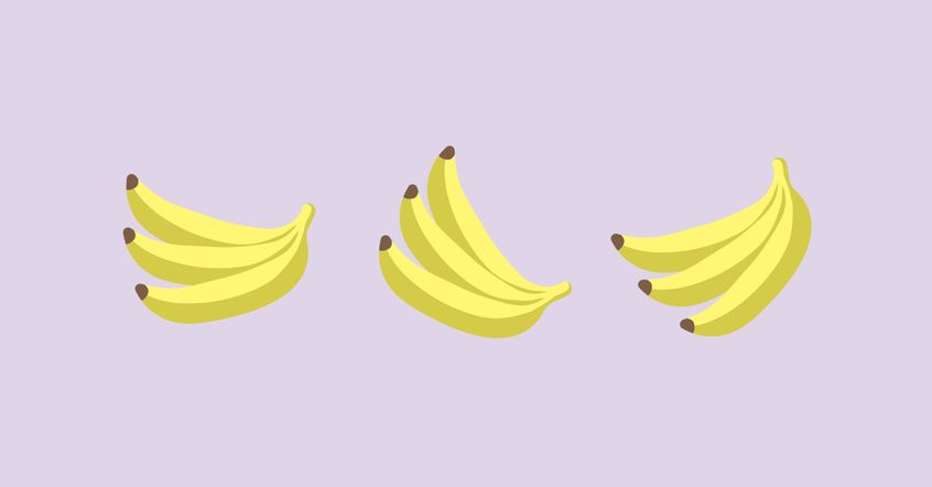 Three bunches of bananas, each with three bananas, and each in a different orientation