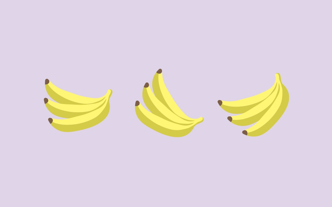 Three bunches of bananas, each with three bananas, and each in a different orientation