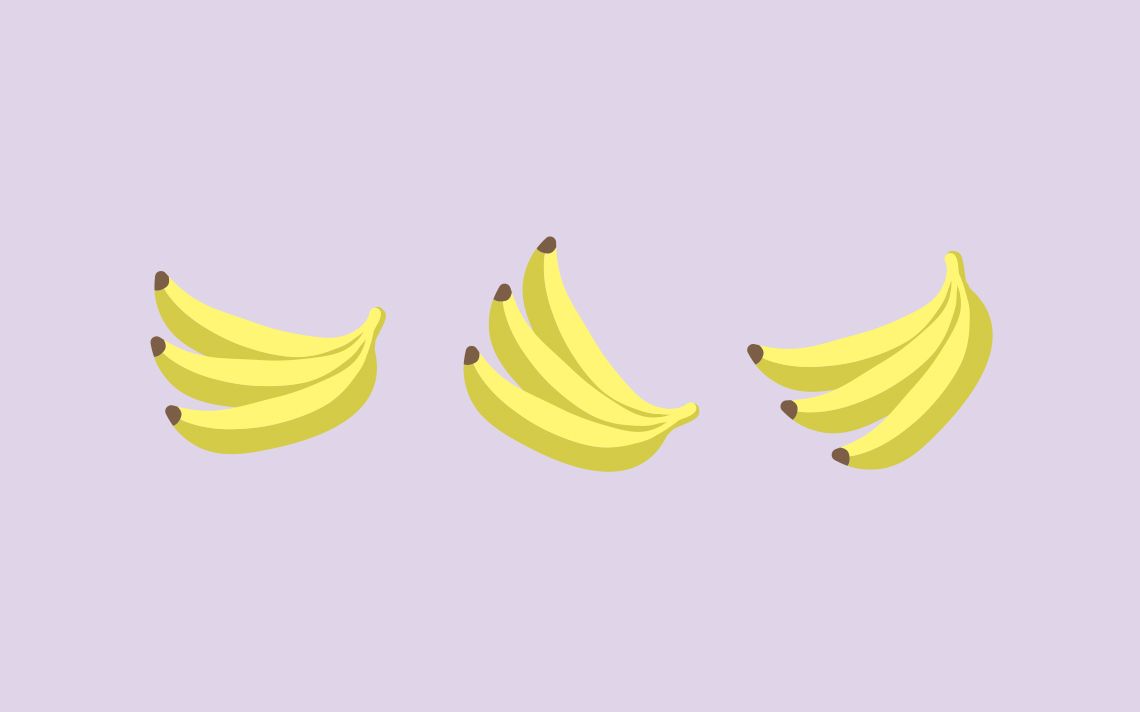 Three bunches of bananas, each with three bananas, and each in a different orientation