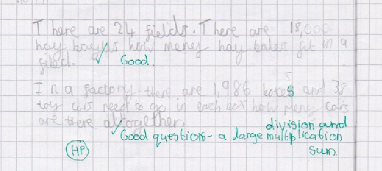 Creative journaling example 1: 2 word problems: 1 dividing hay bales by fields, the other multiplying boxes by toy cars