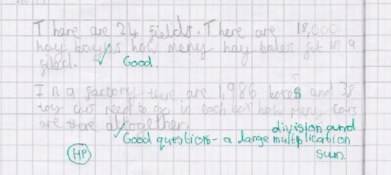 Creative journaling example 1: 2 word problems: 1 dividing hay bales by fields, the other multiplying boxes by toy cars