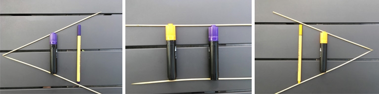 In three photos, purple and yellow markers are used to introduce the less-than, greater-than and equal signs