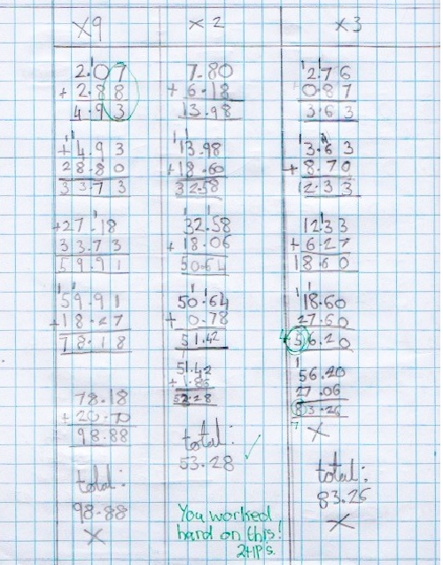 A journal entry where sums are added to gather a running total are later referred to by the learner to correct a mistake