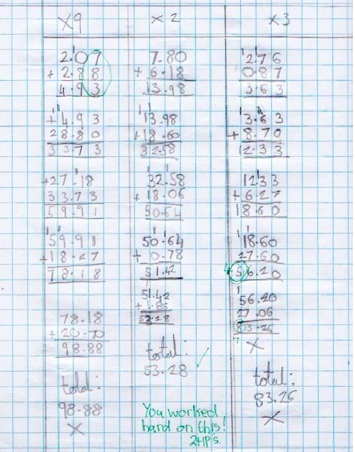 A journal entry where sums are added to gather a running total are later referred to by the learner to correct a mistake