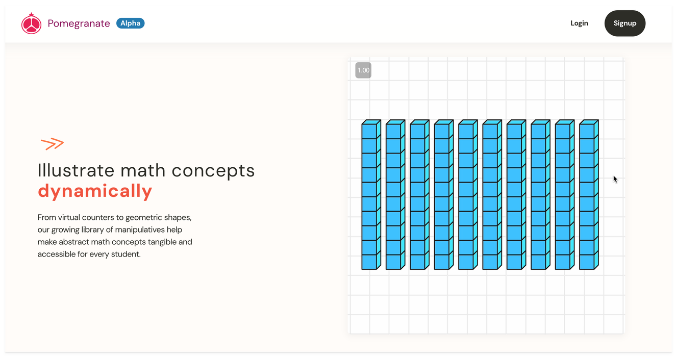 The Pomegranate.so app website section showcasing dynamic math concepts with nine rows of 10 cubes