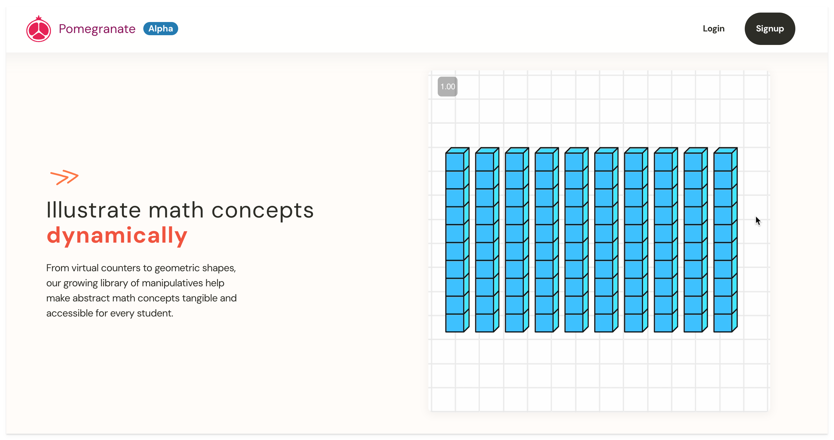 Pomegranate.so website, a dynamic maths visualisation tool showcasing ten blue stacked cubes representing place value, illustrating tangible learning for primary pupils