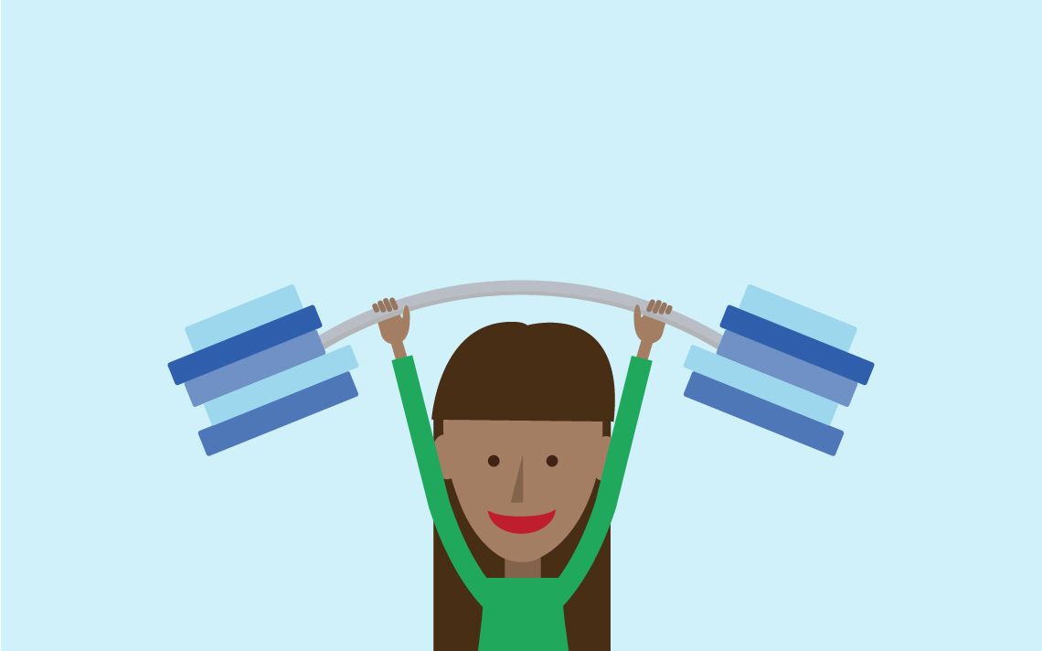 A maths student with a barbell over her head with 4 books on each side acting as weights