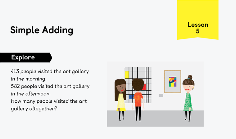 an example of a Simple Adding question from Year 3, Lesson 5 Maths — No Problem! textbook