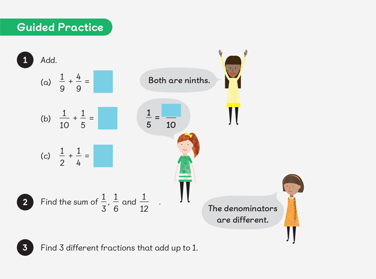 Guided practice asks learners to add fractions with the same denominator, then to add two sets of two fractions with different denominators and lastly to find 3 different fractions that add up to 1