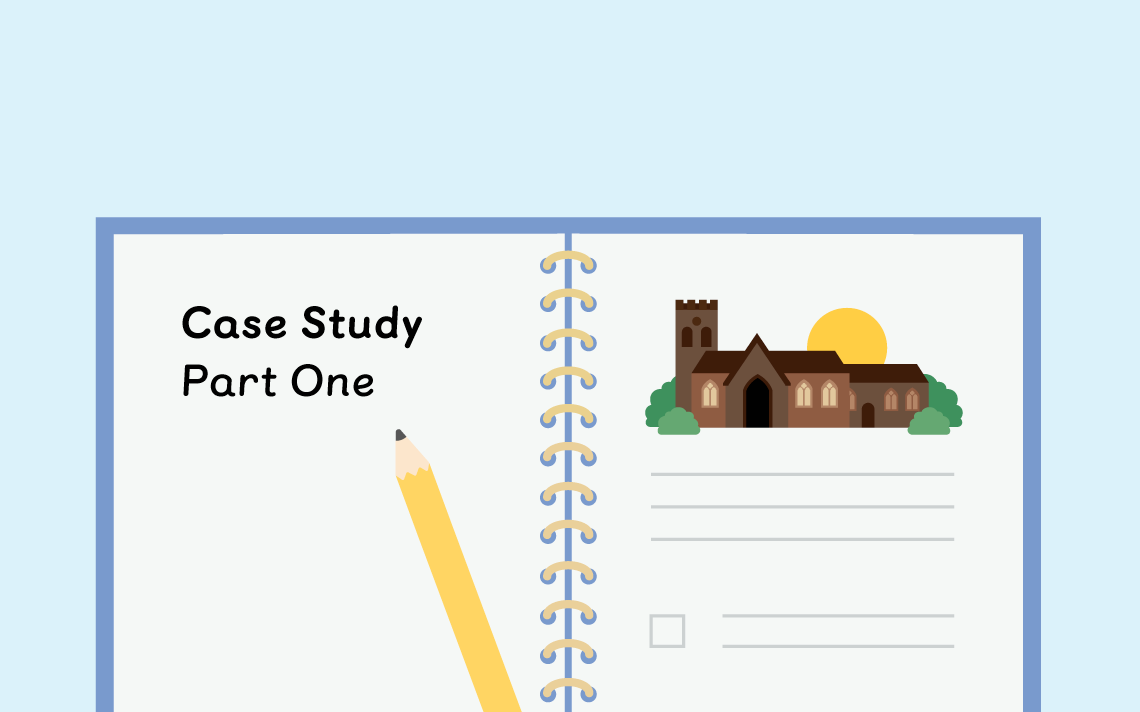 A case study notebook open with "Case Study Part One" on one page and a school pictured on the other page