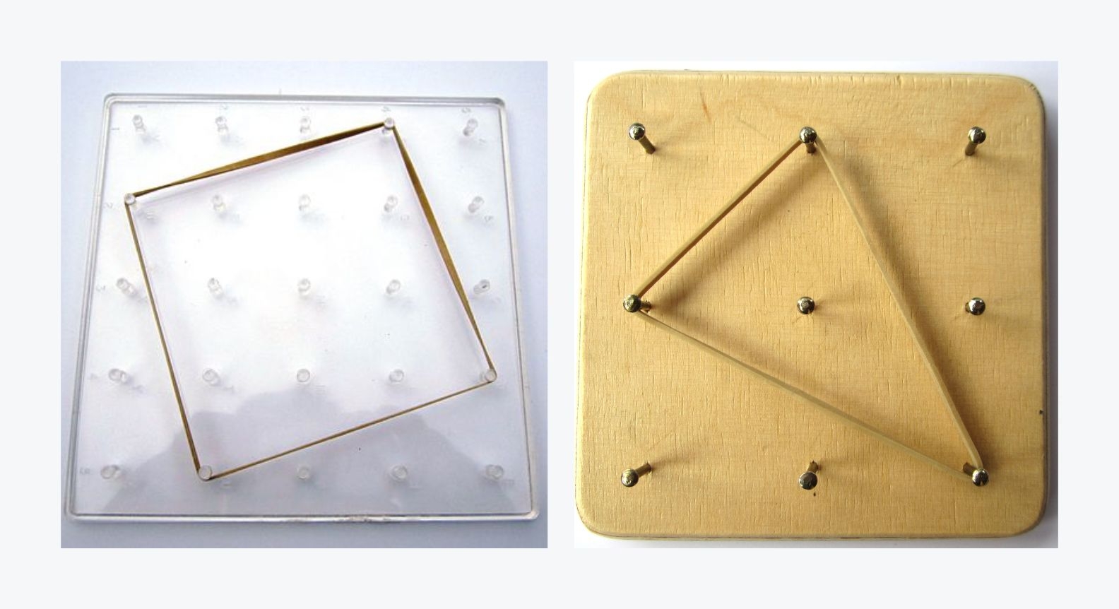 An example of two geoboards, one using plastic and another using wood with rubber bands making shapes on both