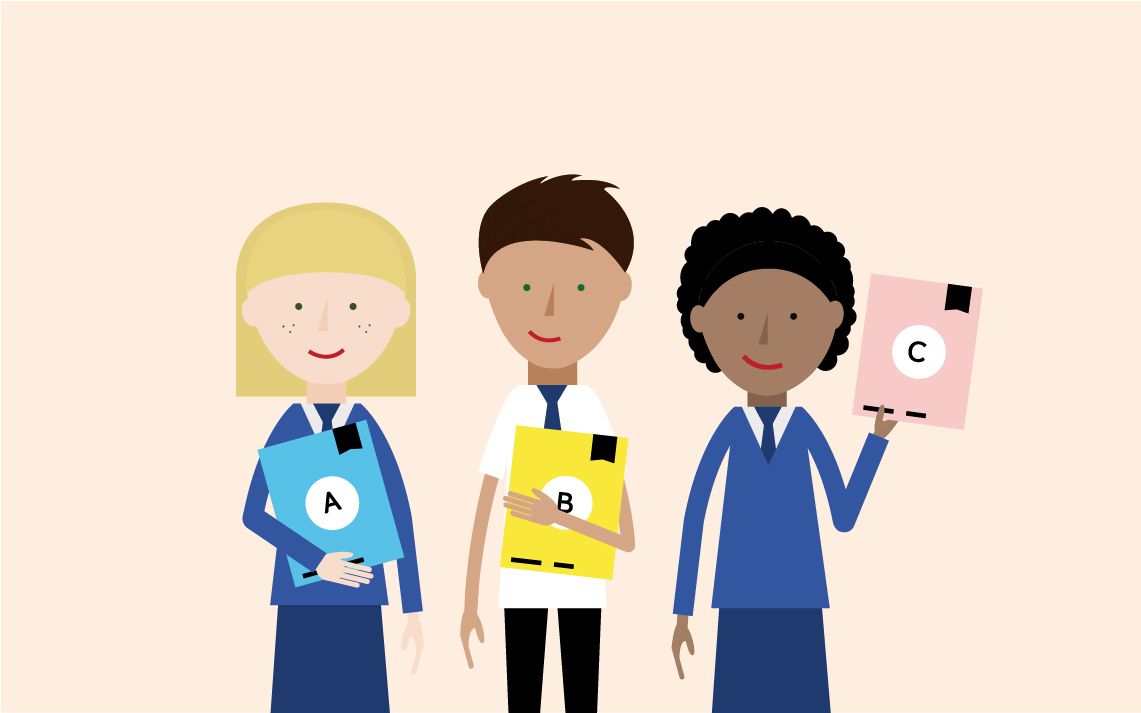 three students in school uniforms each holding a Maths — No Problem! book labeled A, B, and C