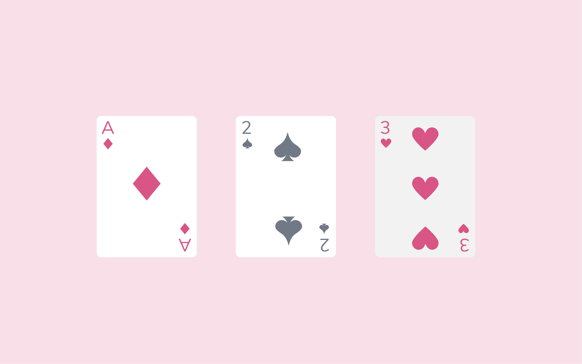 three playing cards on a pink background lined up in a row. The ace of diamonds, two of spades, and the three of hearts