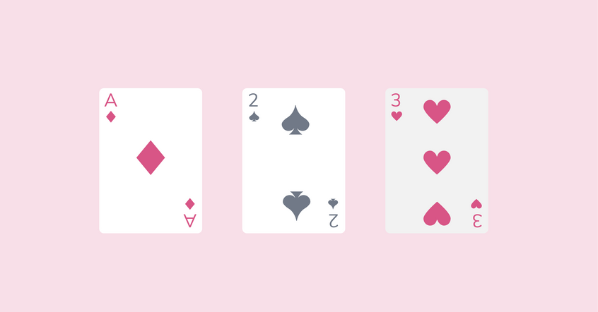 three playing cards on a pink background lined up in a row. The ace of diamonds, two of spades, and the three of hearts