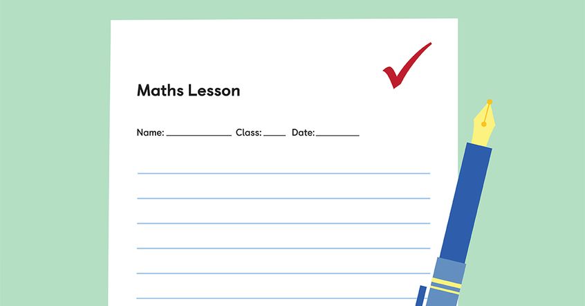 a maths lesson page ready with a red check mark in the top right corner written by a pen with a blue handle