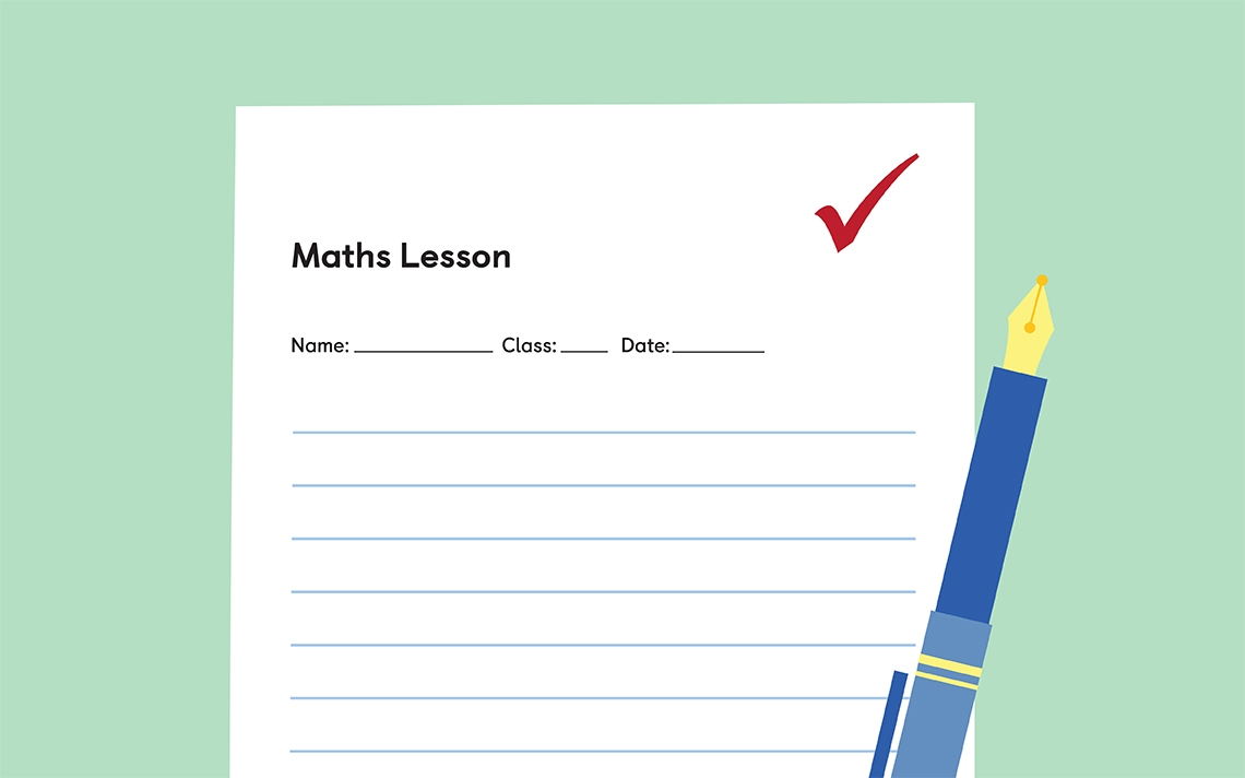 a maths lesson page ready with a red check mark in the top right corner written by a pen with a blue handle