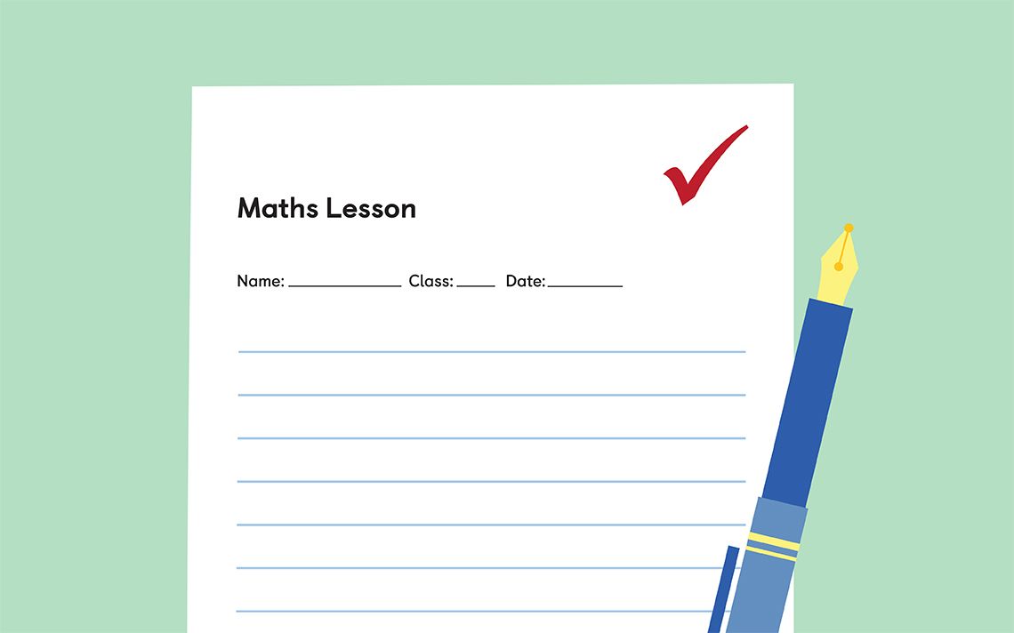 a maths lesson page ready with a red check mark in the top right corner written by a pen with a blue handle