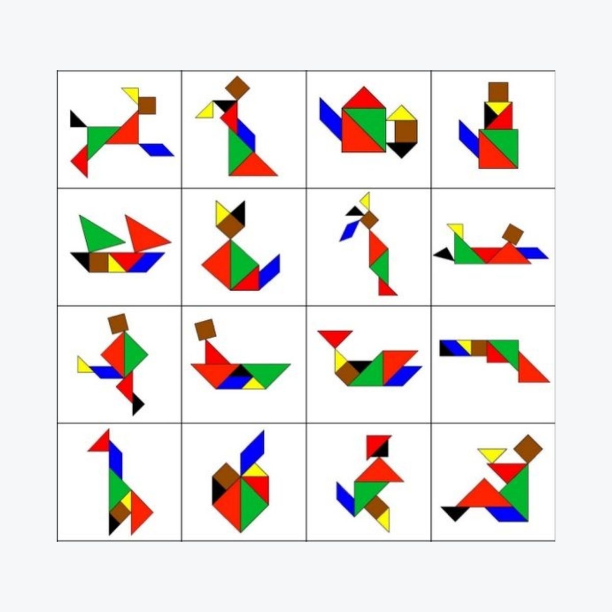 Colourful tangram puzzle shapes forming various figures, ideal for primary school maths and geometry lessons. Enhances spatial awareness and creativity.