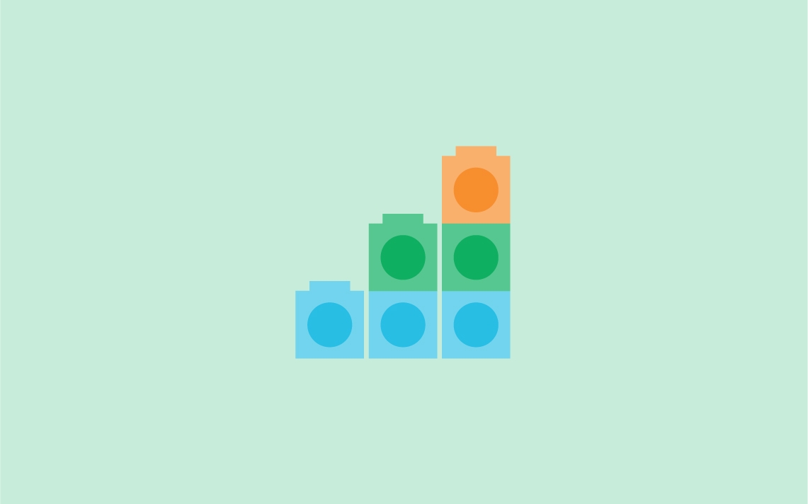 6 linking cubes which are stacked in 1, then 2 then 3 cubes. The bottom row is blue, then green, then orange.