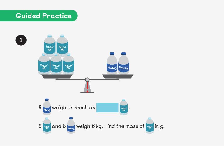 Guided practice questions comparing the weight of water bottles, serve as prompts for pupils to write in their maths journal 