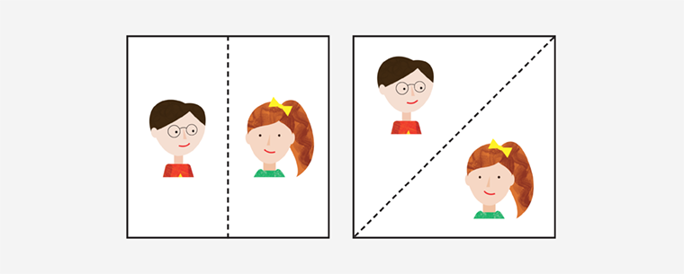 Two pieces of square paper are divided in half vertically and diagonally to show two parts that make one whole.