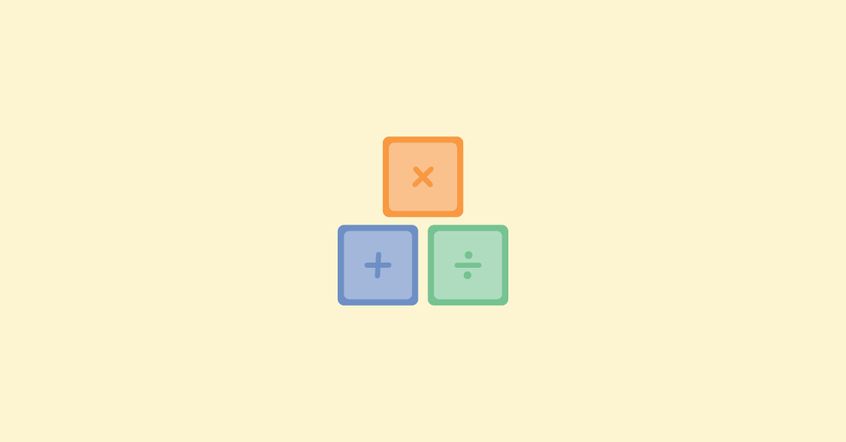 an orange square, a blue square, and a green square with a multiplication symbol, an addition symbol, and a division symbol inside respectively
