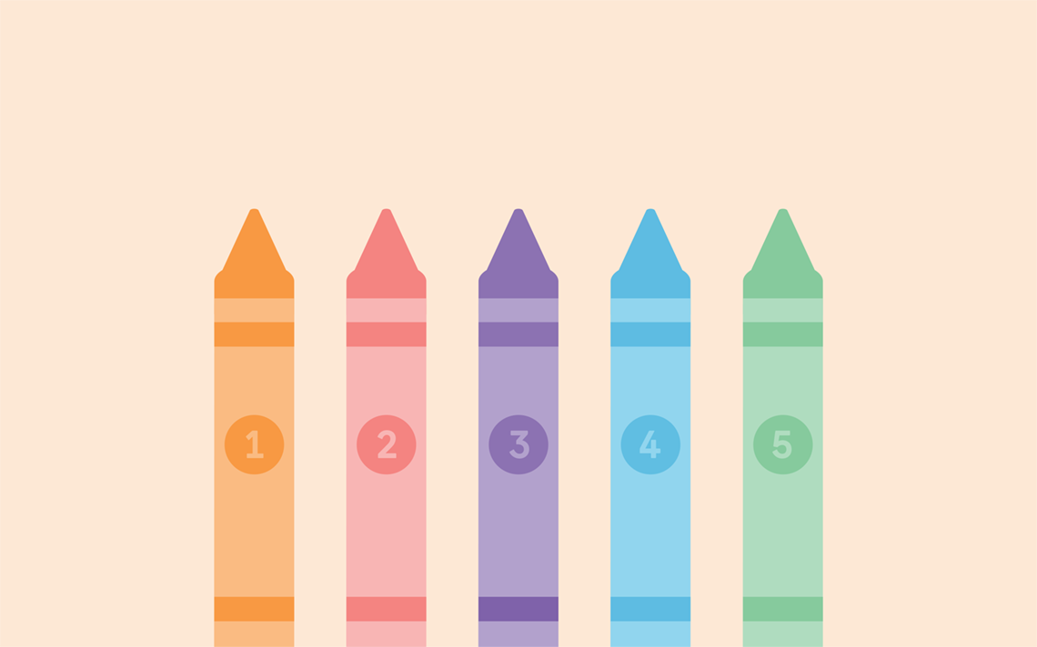 5 different coloured crayons numbered from one to five