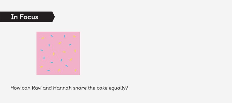 an In Focus task asks MNP characters Ravi and Hannah in what ways can they share cake equally