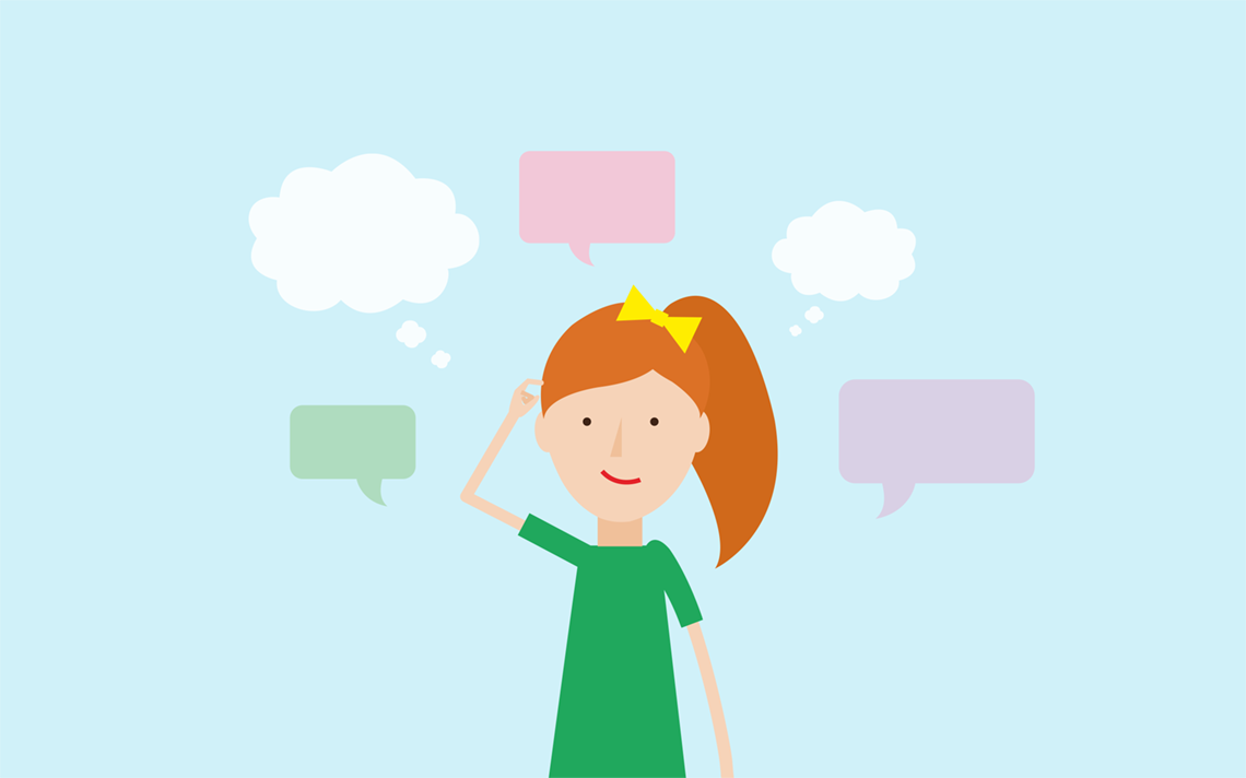 a maths student with many thoughts and speech bubbles whirling around her head