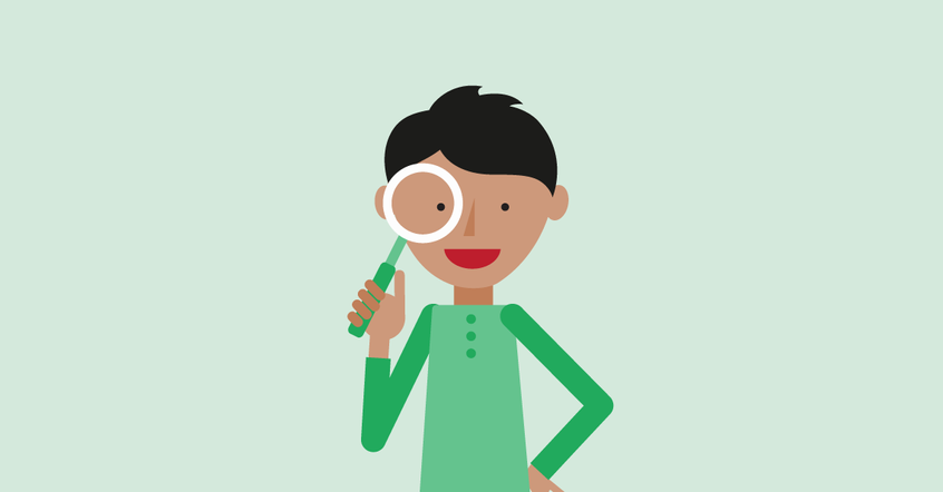 maths mastery student holding a magnifying glass over his right eye on a green background