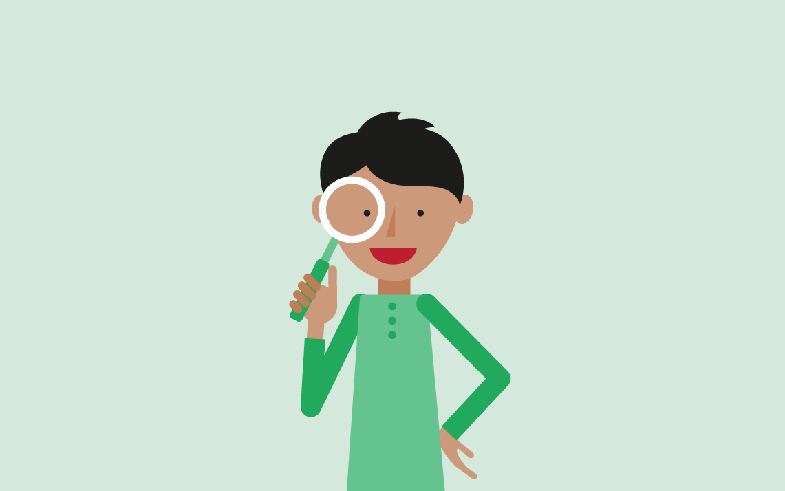 maths mastery student holding a magnifying glass over his right eye on a green background