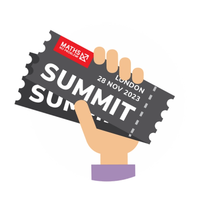 Illustrated hand holding two tickets to the Maths — No Problem! Summit on November 28, 2023