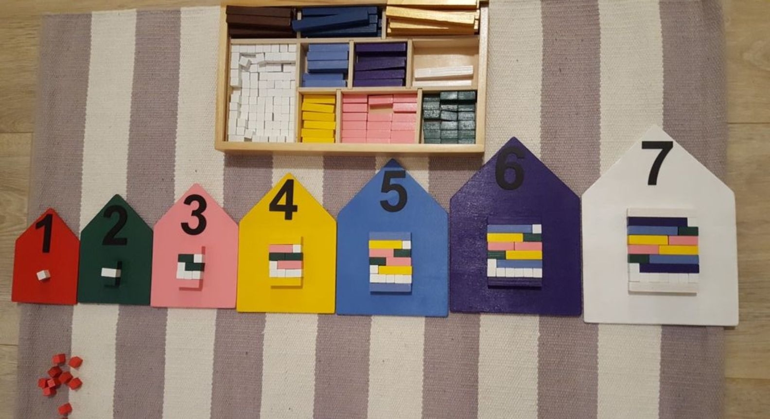 A set of Cuisenaire rods from one to seven. Each number has the identical rod count inside