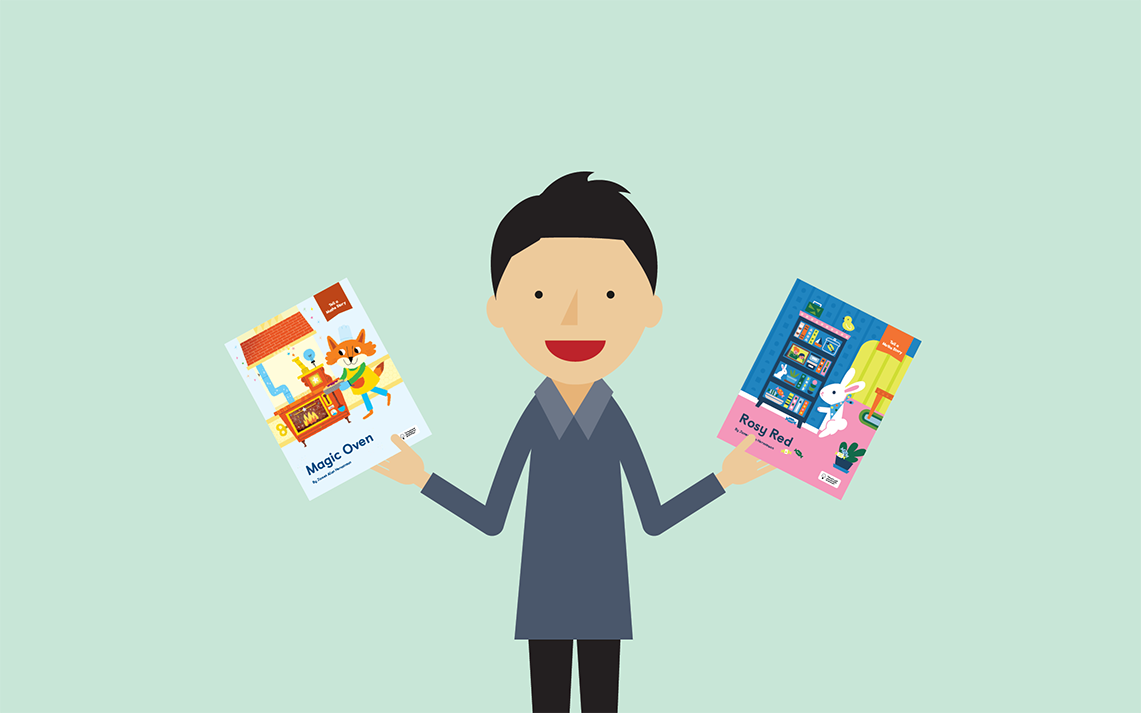 illustration of Dr Yeap Ban Har holding 2 Maths — No Problem! picture books; one in each hand