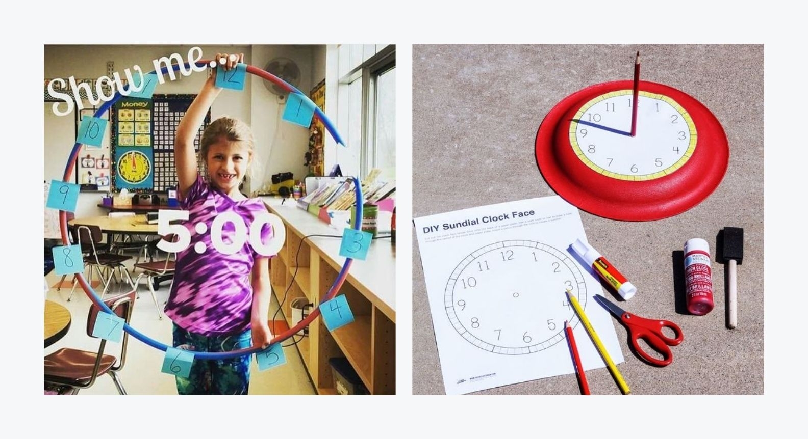 Two examples of clock face ideas for the classroom. One using a hula hoop and hands, another using plates and printable clock faces