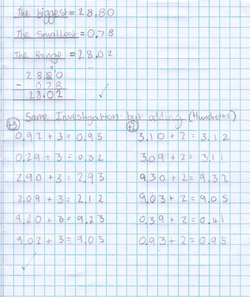 A maths journal entry where the pupil finds the biggest and smallest numbers and finds the difference using a written method