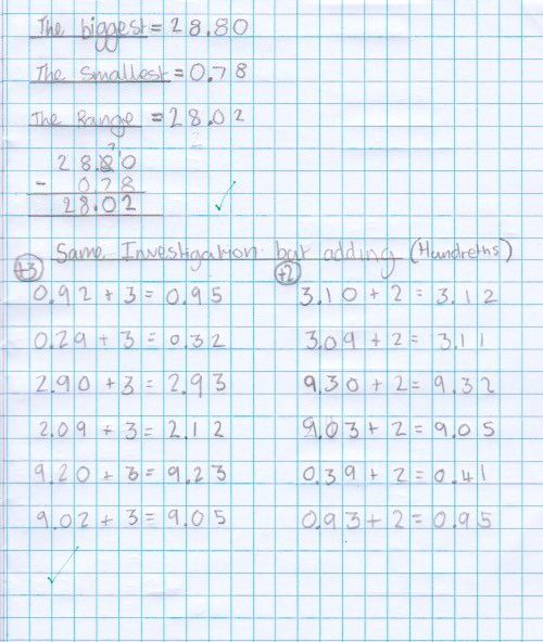 A maths journal entry where the pupil finds the biggest and smallest numbers and finds the difference using a written method