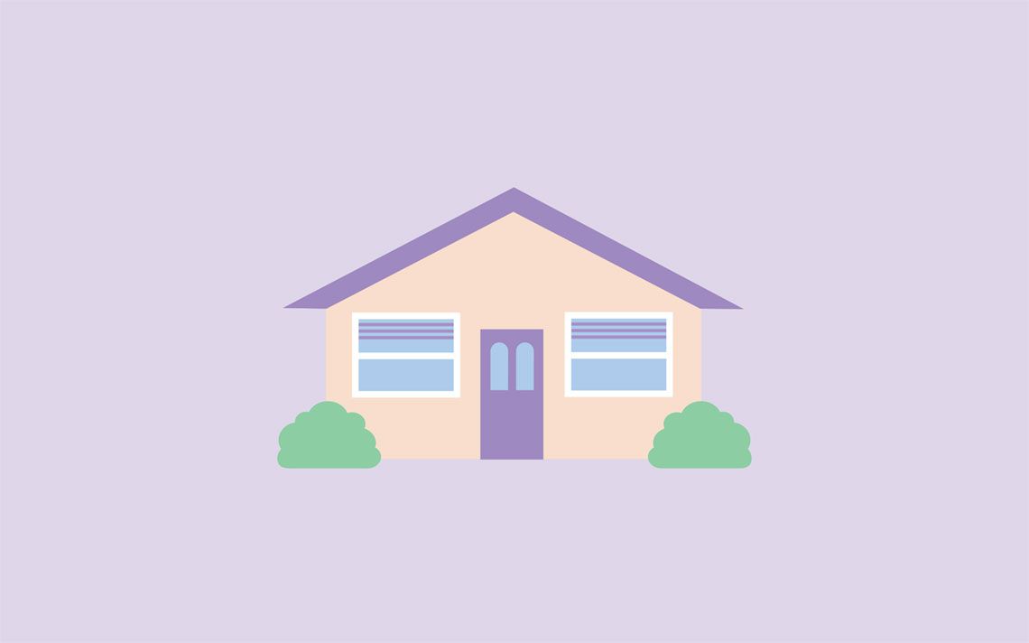 A symmetrical house with a purple roof and door with a window on each side of the door. There is a green bush at each end of the house