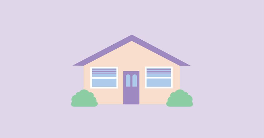 A symmetrical house with a purple roof and door with a window on each side of the door. There is a green bush at each end of the house