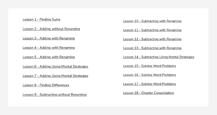 lesson titles from the Maths — No Problem! Textbook 4A, Chapter 2 are listed